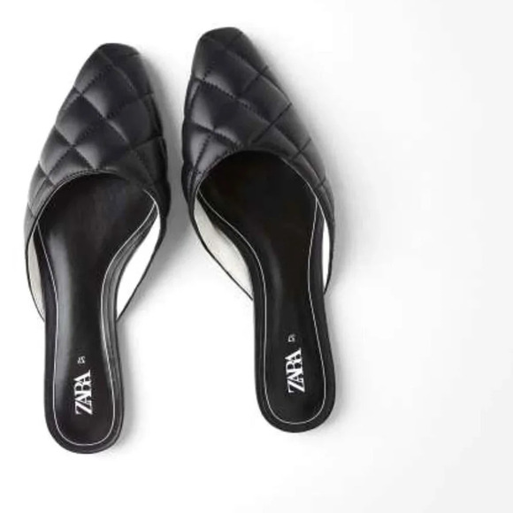 Zara Quilted Vegan Leather Flat Mules Shoes  Black Size 7.5 - Picture 1 of 8
